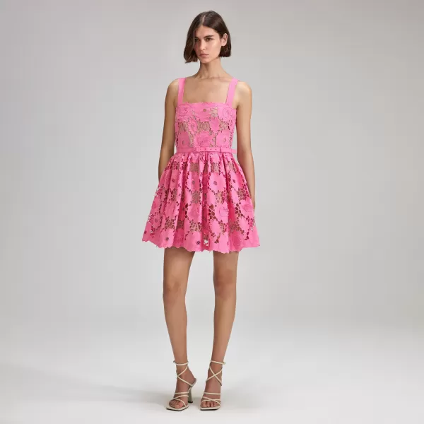 Dresses*Self-Portrait Pink 3D Cotton Lace Mini Dress