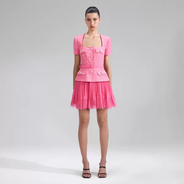 Dresses*Self-Portrait Pink Boucle Chiffon Mini Dress