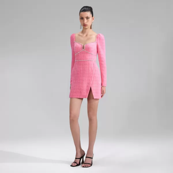 Dresses*Self-Portrait Pink Boucle Diamante Detail Mini Dress Pink Boucle Diamante Detail Mini Dress-Pink