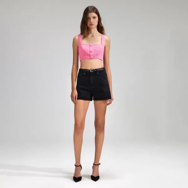 Tops*Self-Portrait Pink Boucle Square Neck Crop Top