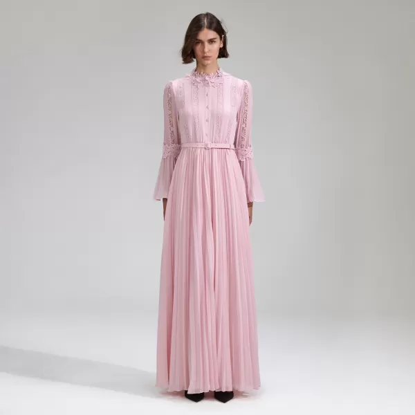 Dresses*Self-Portrait Pink Chiffon Lace Pleated Maxi Dress