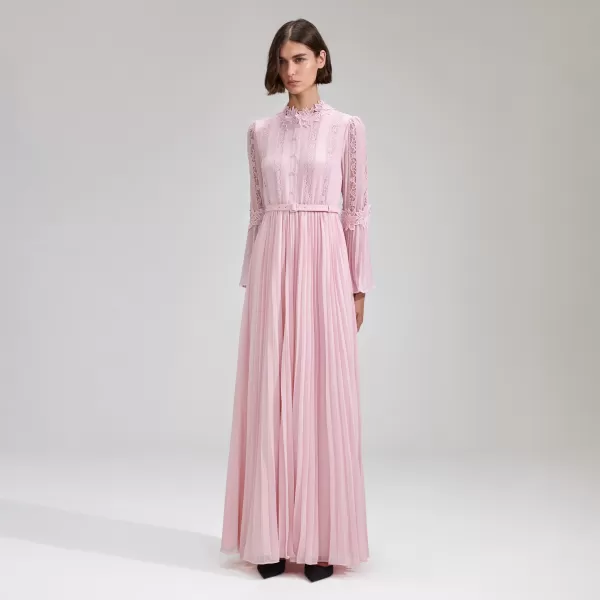 Dresses*Self-Portrait Pink Chiffon Lace Pleated Maxi Dress