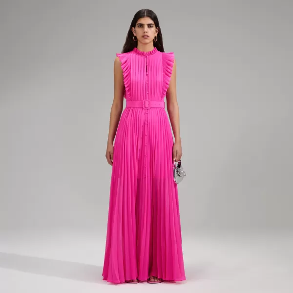 Dresses*Self-Portrait Pink Chiffon Sleeveless Ruffle Maxi Dress