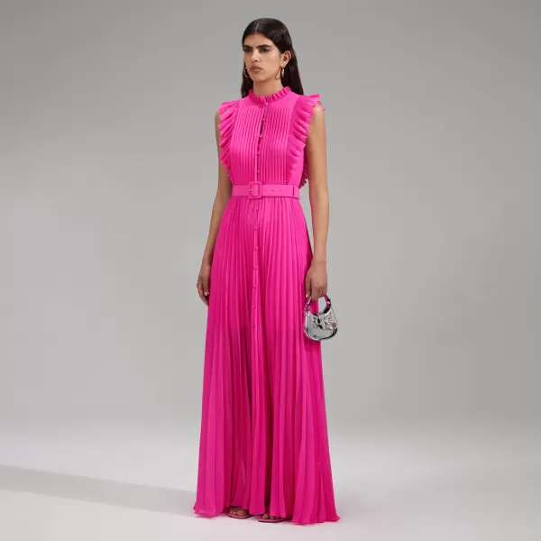 Dresses*Self-Portrait Pink Chiffon Sleeveless Ruffle Maxi Dress