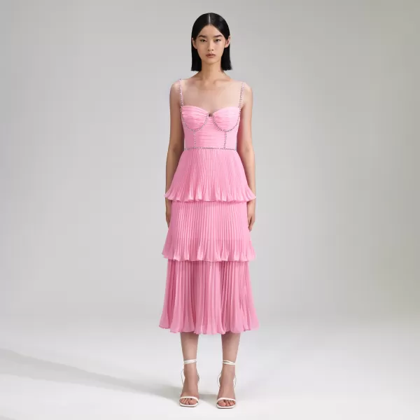 Dresses*Self-Portrait Pink Chiffon Tiered Midi Dress Pink Chiffon Tiered Midi Dress-Pink