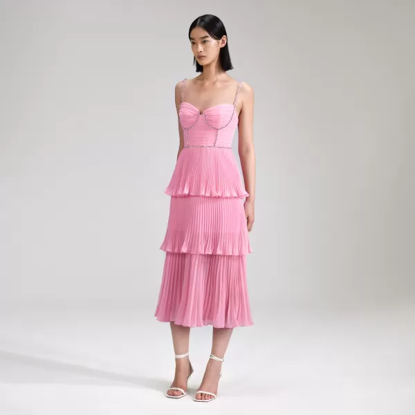 Dresses*Self-Portrait Pink Chiffon Tiered Midi Dress Pink Chiffon Tiered Midi Dress-Pink