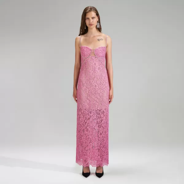 Dresses*Self-Portrait Pink Corded Lace Midi Dress Pink Corded Lace Midi Dress-Pink