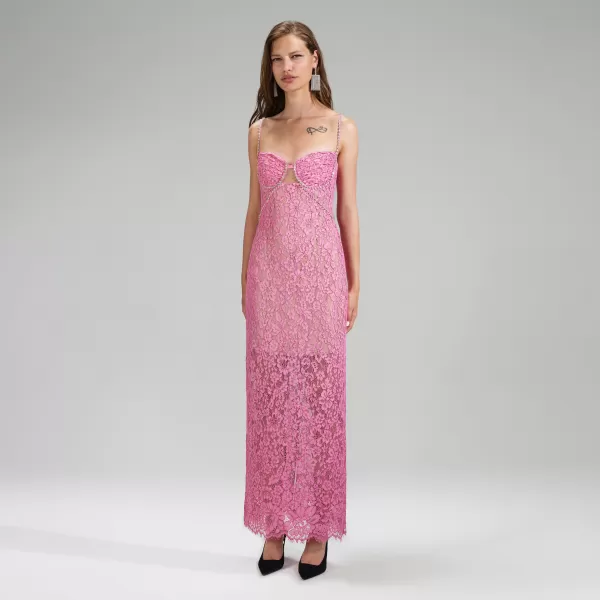 Dresses*Self-Portrait Pink Corded Lace Midi Dress Pink Corded Lace Midi Dress-Pink