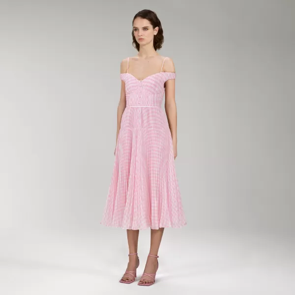 Dresses*Self-Portrait Pink Gingham Print Chiffon Midi Dress