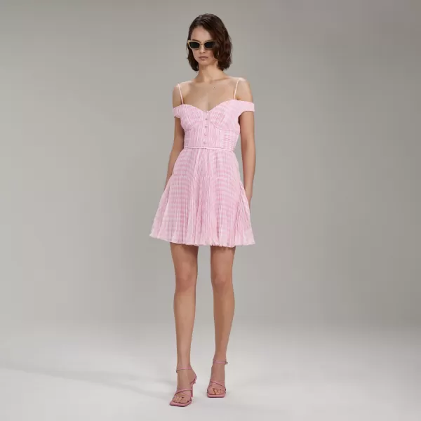 Dresses*Self-Portrait Pink Gingham Print Chiffon Mini Dress