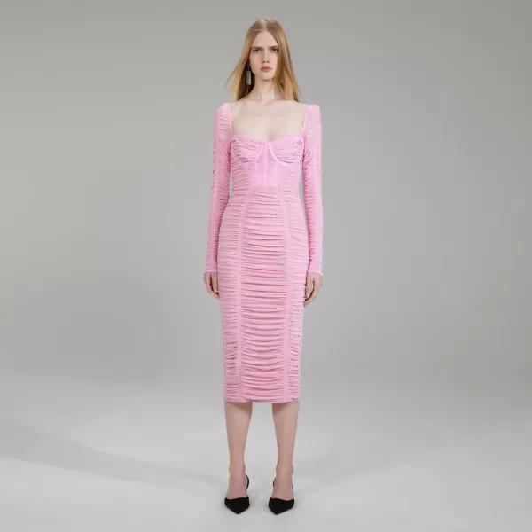 Dresses*Self-Portrait Pink Power Mesh Long Sleeve Midi Dress