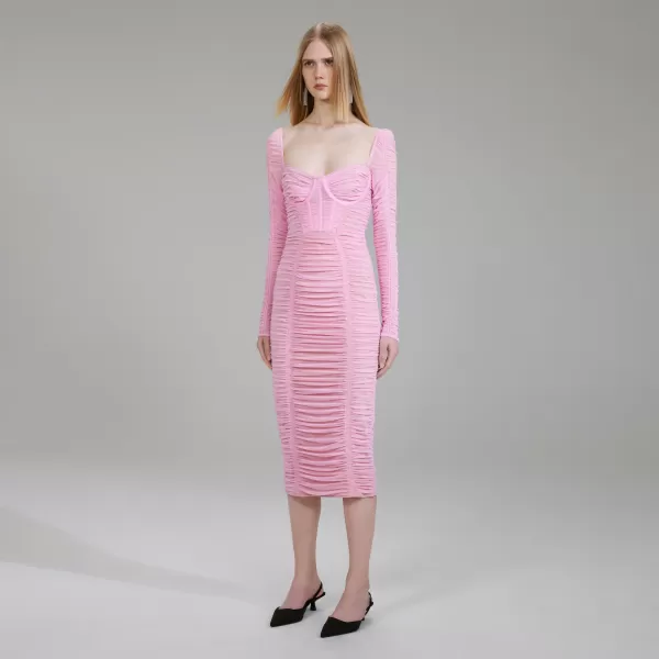 Dresses*Self-Portrait Pink Power Mesh Long Sleeve Midi Dress