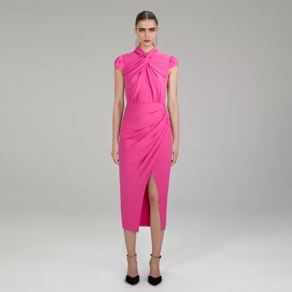 Dresses*Self-Portrait Pink Stretch Crepe Midi Ruched Dress