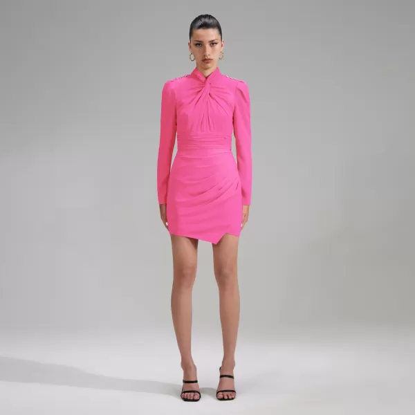 Dresses*Self-Portrait Pink Stretch Crepe Twisted Collar Mini Dress Pink Stretch Crepe Twisted Collar Mini Dress-Pink