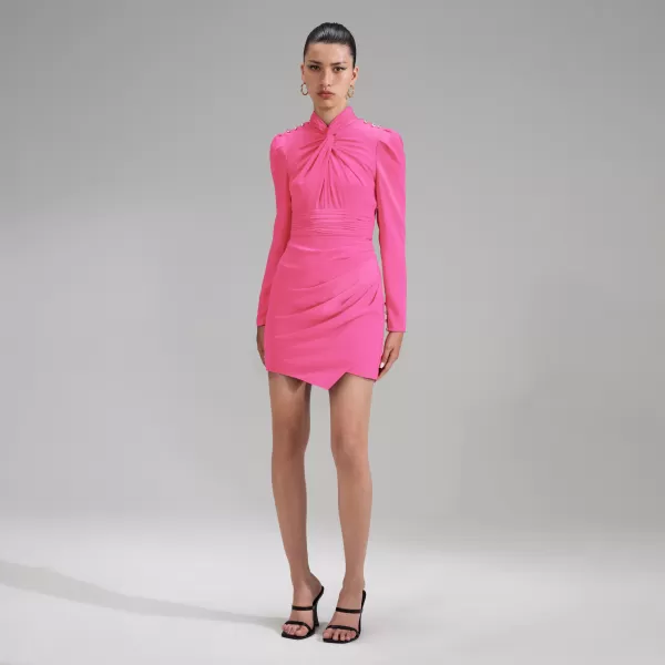 Dresses*Self-Portrait Pink Stretch Crepe Twisted Collar Mini Dress Pink Stretch Crepe Twisted Collar Mini Dress-Pink