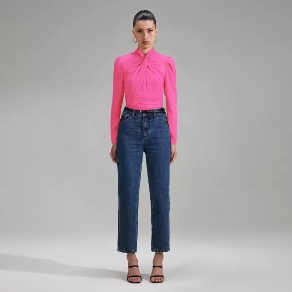 Tops*Self-Portrait Pink Stretch Crepe Twisted Collar Top