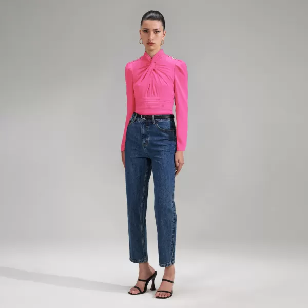 Tops*Self-Portrait Pink Stretch Crepe Twisted Collar Top