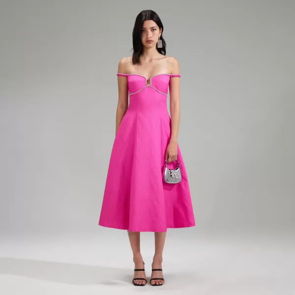 Dresses*Self-Portrait Pink Textured Diamante Detail Midi Dress