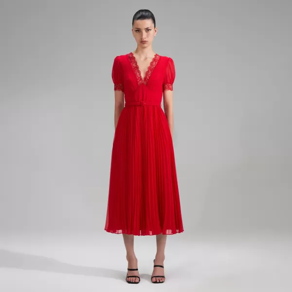 Dresses*Self-Portrait Red Chiffon Midi Dress Lace Detail Red Chiffon Midi Dress Lace Detail-Red