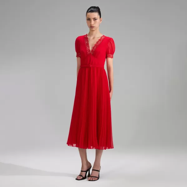 Dresses*Self-Portrait Red Chiffon Midi Dress Lace Detail Red Chiffon Midi Dress Lace Detail-Red