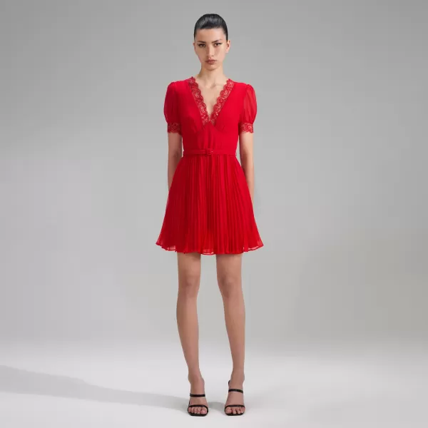 Dresses*Self-Portrait Red Chiffon V Neck Mini Dress