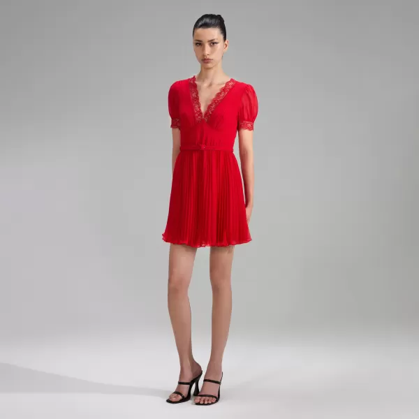 Dresses*Self-Portrait Red Chiffon V Neck Mini Dress