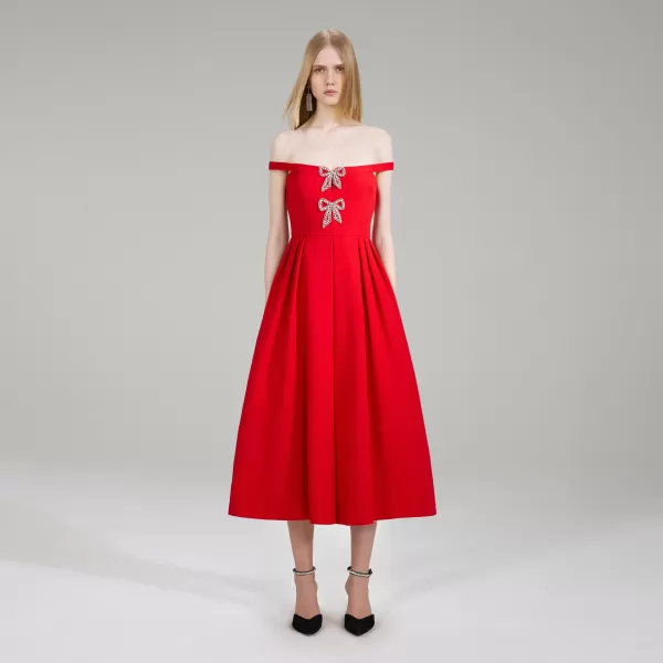 Dresses*Self-Portrait Red Crepe Bow Midi Dress