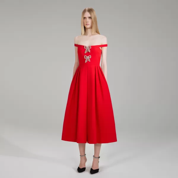 Dresses*Self-Portrait Red Crepe Bow Midi Dress