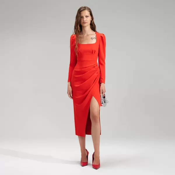 Dresses*Self-Portrait Red Crepe Ruched Midi Dress Red Crepe Ruched Midi Dress-Red