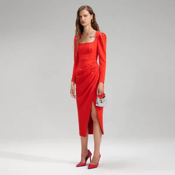 Dresses*Self-Portrait Red Crepe Ruched Midi Dress Red Crepe Ruched Midi Dress-Red