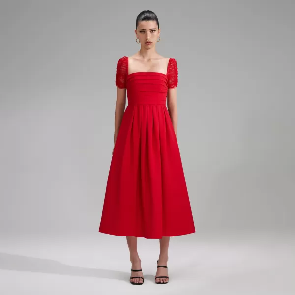 Dresses*Self-Portrait Red Crepe Sleeved Midi Dress