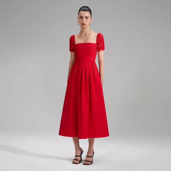 Dresses*Self-Portrait Red Crepe Sleeved Midi Dress