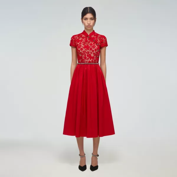 Dresses*Self-Portrait Red Guipure Lace And Taffeta Midi Dress