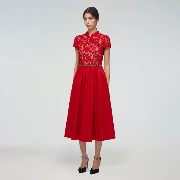 Dresses*Self-Portrait Red Guipure Lace And Taffeta Midi Dress