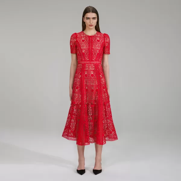 Dresses*Self-Portrait Red Guipure Lace Midi Dress