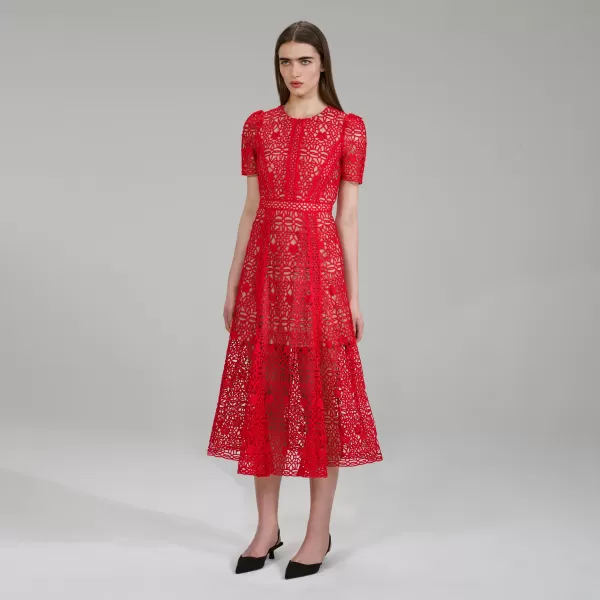 Dresses*Self-Portrait Red Guipure Lace Midi Dress