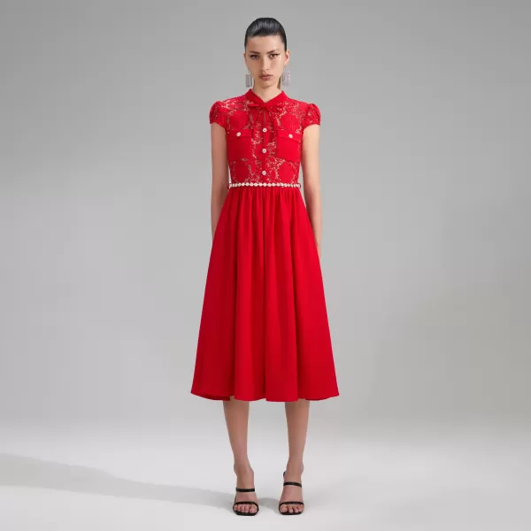 Dresses*Self-Portrait Red Lace Cotton Midi Dress