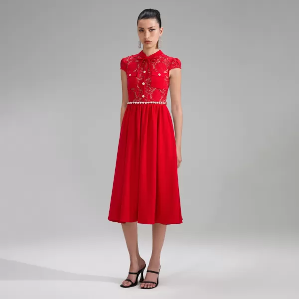 Dresses*Self-Portrait Red Lace Cotton Midi Dress