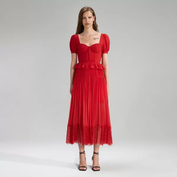 Dresses*Self-Portrait Red Short Sleeve Chiffon Midi Dress