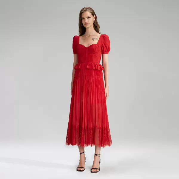 Dresses*Self-Portrait Red Short Sleeve Chiffon Midi Dress