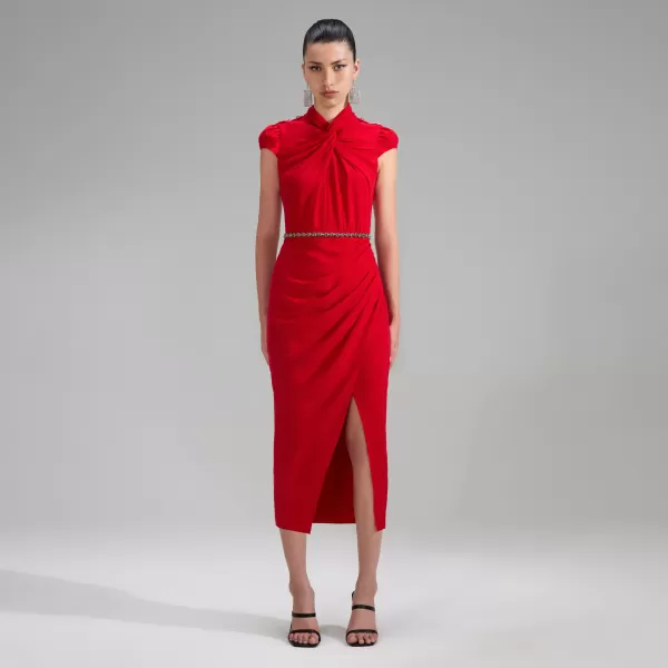 Dresses*Self-Portrait Red Stretch Crepe Ruched Midi Dress