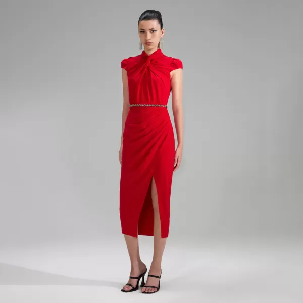 Dresses*Self-Portrait Red Stretch Crepe Ruched Midi Dress