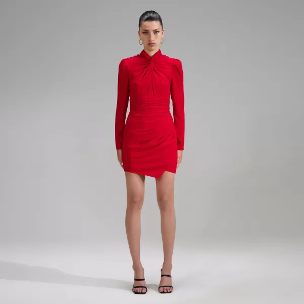 Dresses*Self-Portrait Red Stretch Crepe Twisted Collar Mini Dress Red Stretch Crepe Twisted Collar Mini Dress-Red