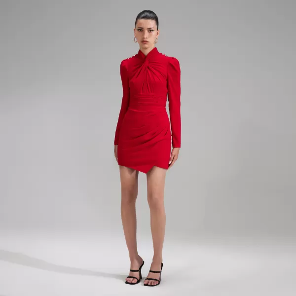 Dresses*Self-Portrait Red Stretch Crepe Twisted Collar Mini Dress Red Stretch Crepe Twisted Collar Mini Dress-Red