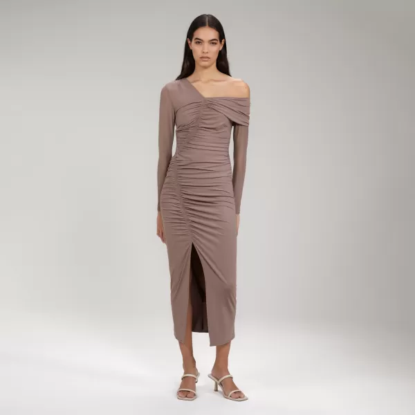 Dresses*Self-Portrait Taupe Jersey One Shoulder Ruched Midi Dress