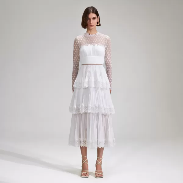 Dresses*Self-Portrait White Chiffon Tiered Midi Dress