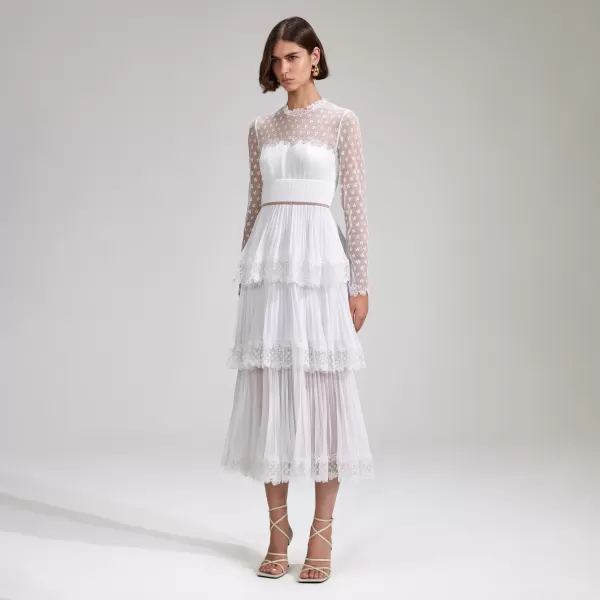 Dresses*Self-Portrait White Chiffon Tiered Midi Dress