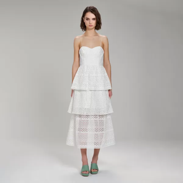 Dresses*Self-Portrait White Cotton Broderie Anglaise Midi Dress