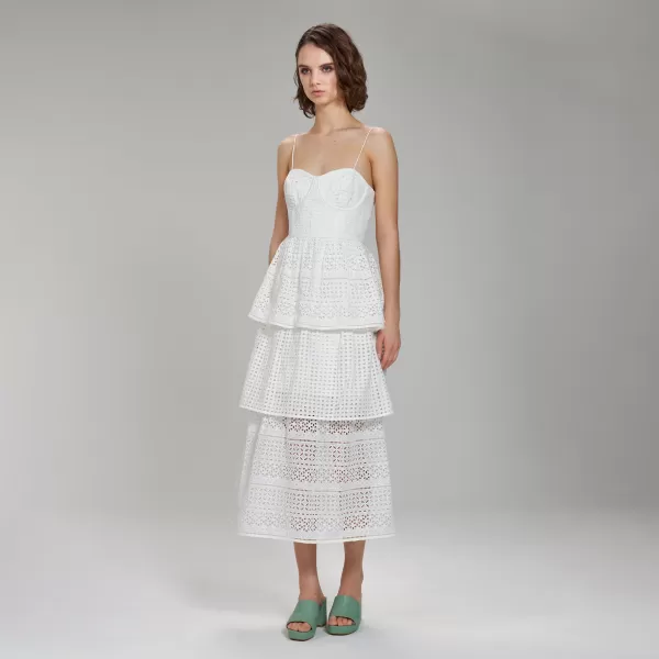 Dresses*Self-Portrait White Cotton Broderie Anglaise Midi Dress