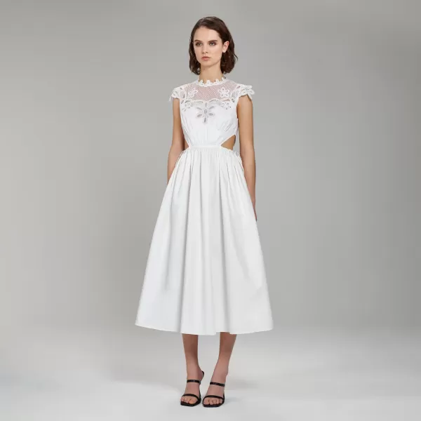 Dresses*Self-Portrait White Cotton Guipure Bib Midi Dress